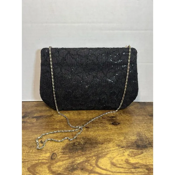 Vintage Black Floral Lace Glitter Evening Bag Gold Tone Chain Strap Formal Purse - Image 3