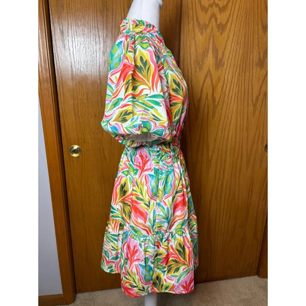 THML Tropical Leaf Print Smocked Waist Puff Sleeve Tiered Mini Dress Small - Image 5