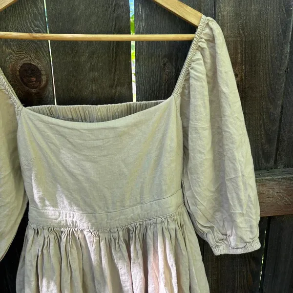 Mable Linen Blend Beige Londyn 3/4 Puff Sleeve Open Back Mini Dress Small - Image 4