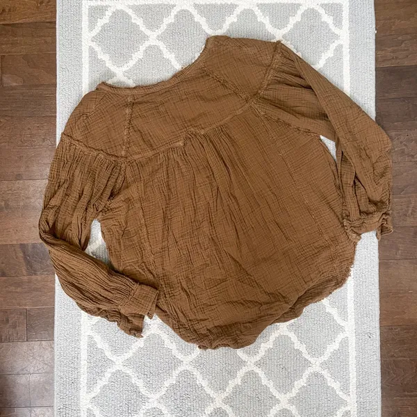 We the free forest green oversized soft linen long sleeve Henley flowy top - Image 9
