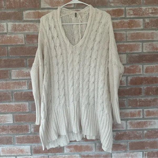 Free People Easy Cable Knit Sweater Drop Shoulder Oversized Women’s XS Beige - Image 2