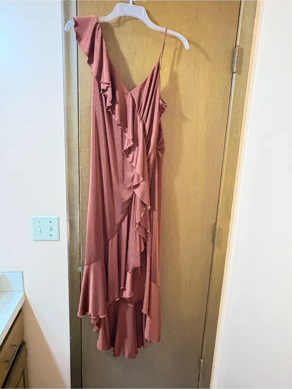 Anthropologie One-Shoulder Ruffled High-Low Midi Dress in Brown - Image 4