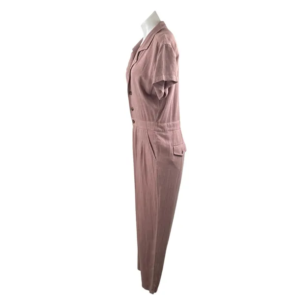 Free People Margot Pink Linen Short Sleeve Button Straight Leg Romper Jumpsuit M - Image 3