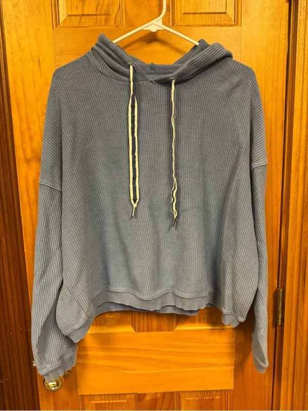 Aerie American Eagle Blue Ribbed Knit Cropped Hoodie Size L - Image 2