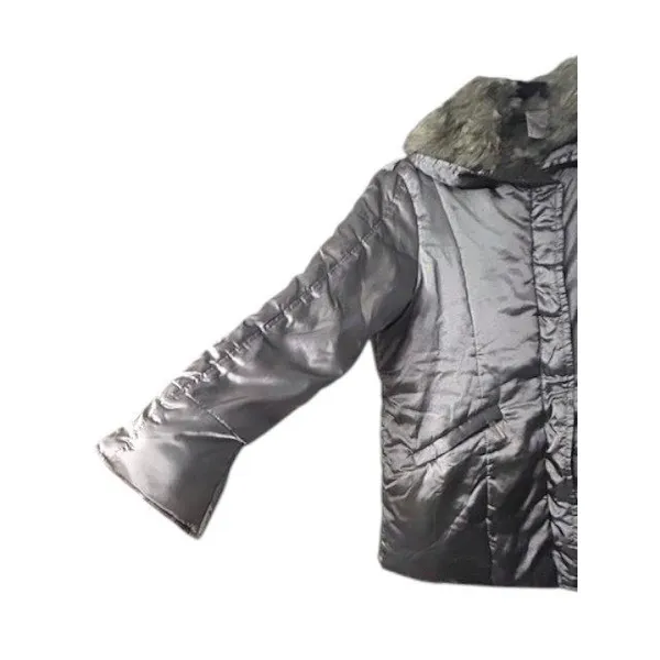 Womens Silver‎ Puffer Jacket Coat Faux Fur Trim Hooded Winter Cabincore Large - Image 10