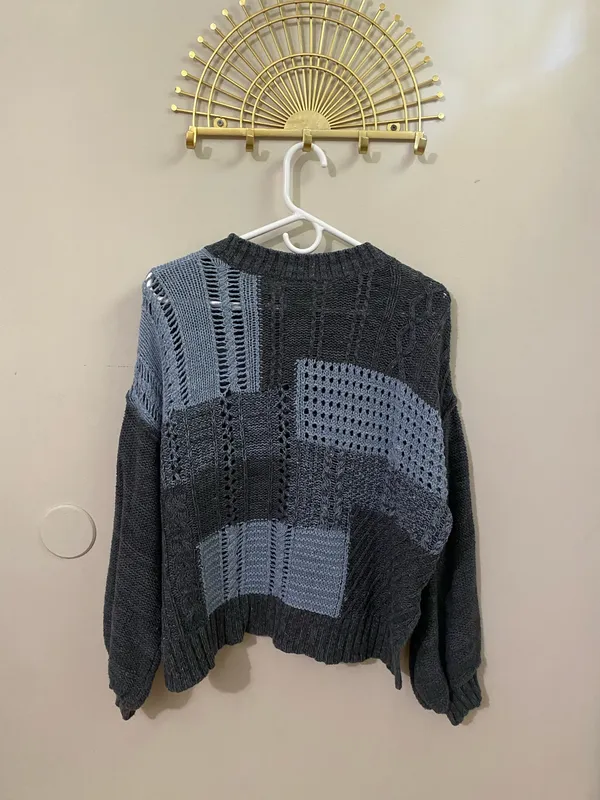 American Eagle Outfitters Gray Patchwork Crewneck Sweater - Image 2