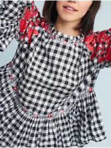 Anthropologie Panknj & Nidhi Tunic Women Medium Black Gingham Red Floral Peplum - Image 3