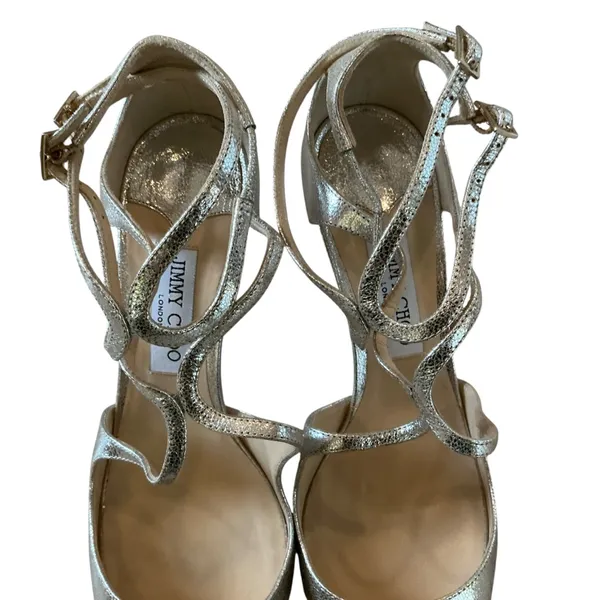 Jimmy Choo silver metallic leather pumps size 41 strappy heels pointy toe - Image 6