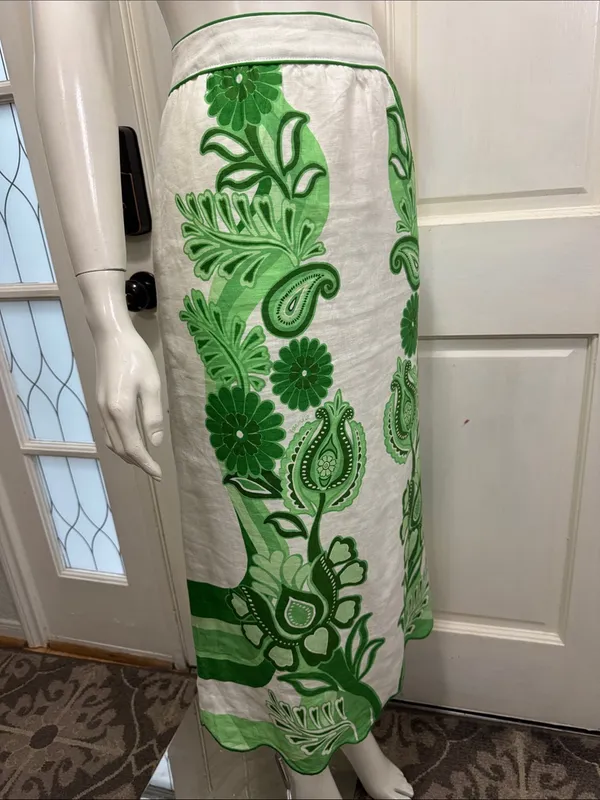 FARM RIO Women’s Midi Skirt White Green Floral Festival Linen Size Large - Image 6