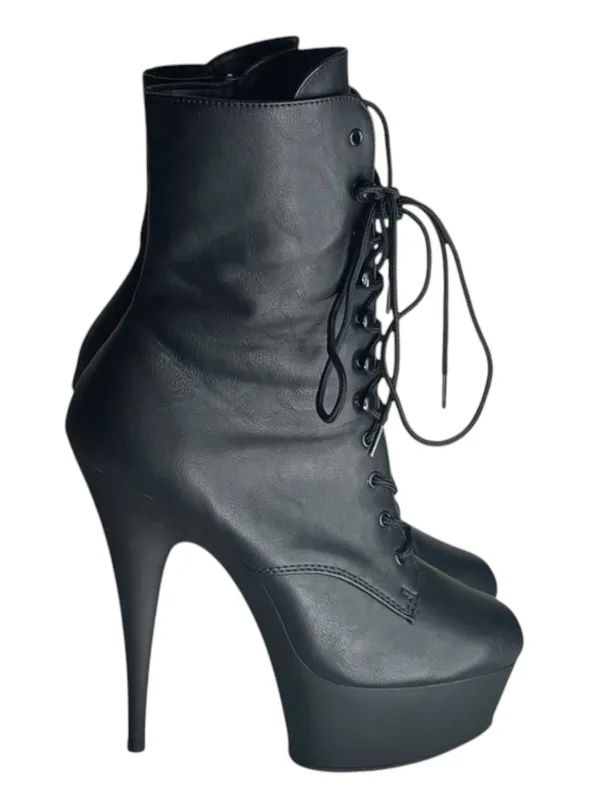 new Pleaser 𖤐 Delight 1020 Platform Stiletto Lace Up Boot 𖤐 Black Faux Leather - Image 7