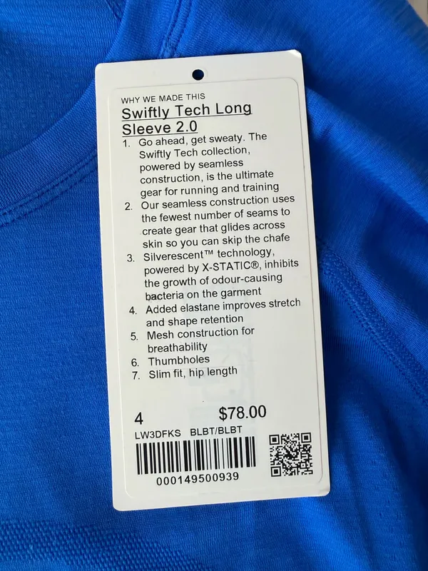 Lululemon Blue Long Sleeve Swiftly Tech, Size 4, Hip Length. NWT. - Image 3