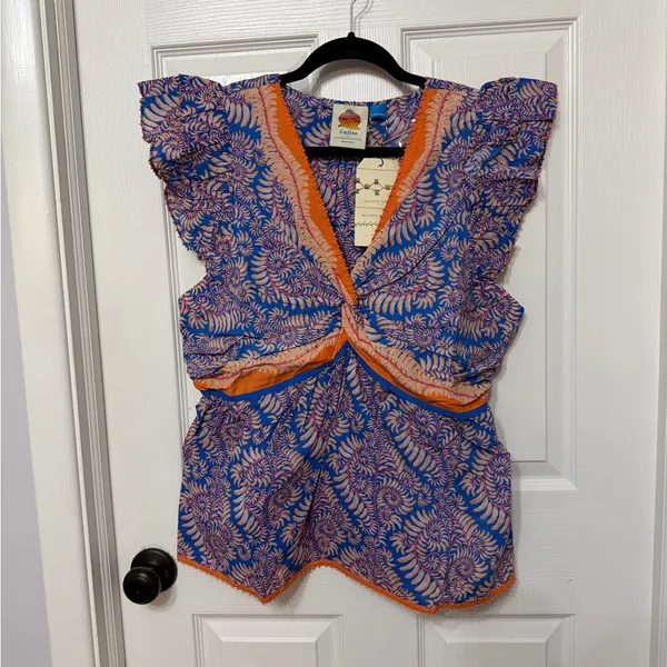 NWT Farm Rio Flutter-Sleeve V-Neck Top beaded with tropical‎ print large - Image 3