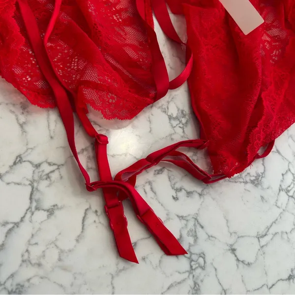 NWT Victoria’s Secret Red‎ Sheer Lace Plunge Babydoll Garter Lingerie Size Large - Image 6