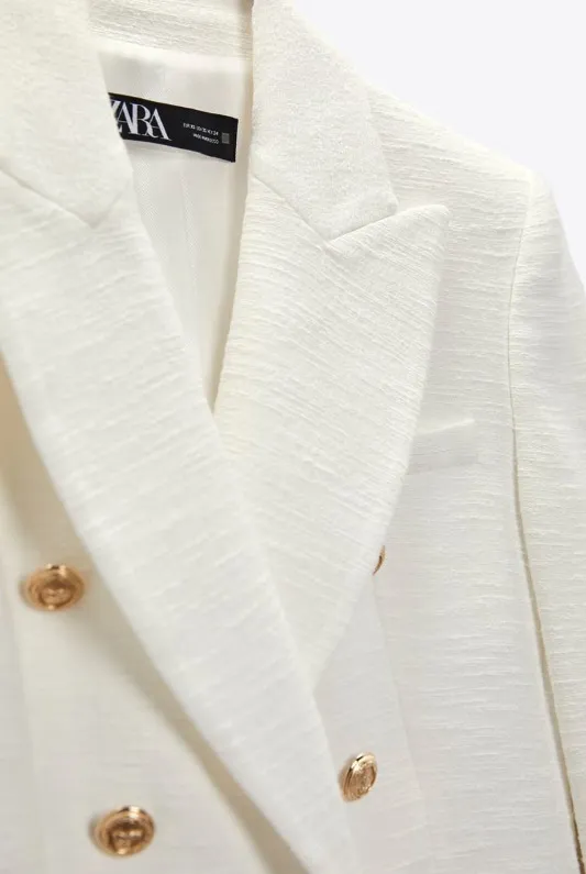 Zara blazer jacket textured double breasted white golden buttons office casual - Image 4