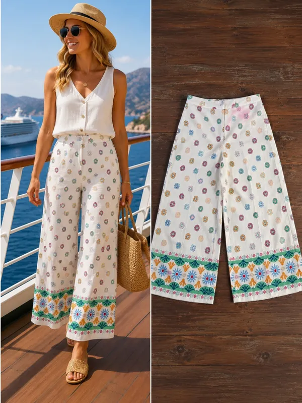 Maison d'Amélie Wide Leg Ankle Cropped Pants Floral Border Pockets Size M 💛🍄 - Image 2
