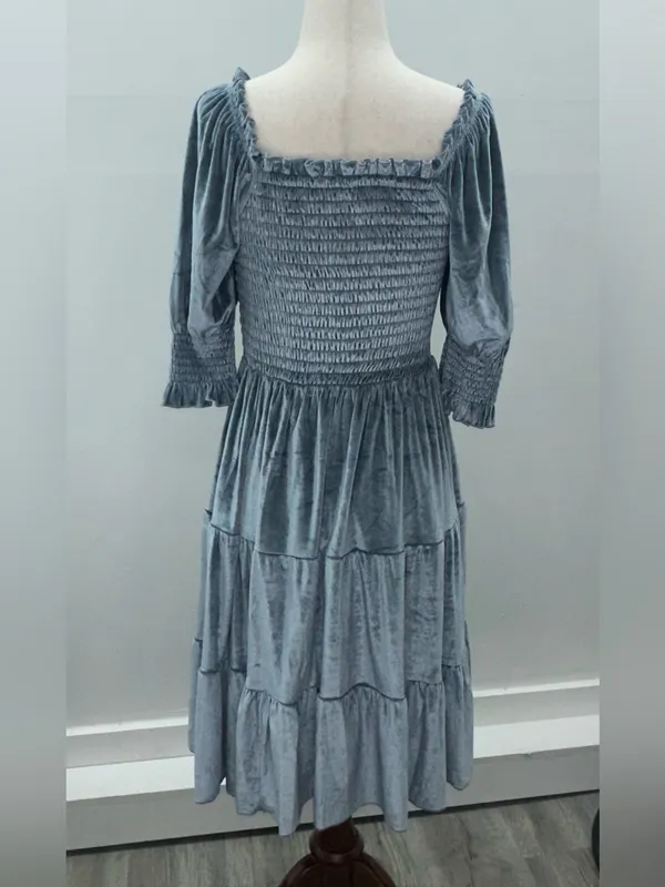 Baltic Born Slate Blue Velvet Smocked Tiered Puff Sleeve Midi Dress Size M - Image 5