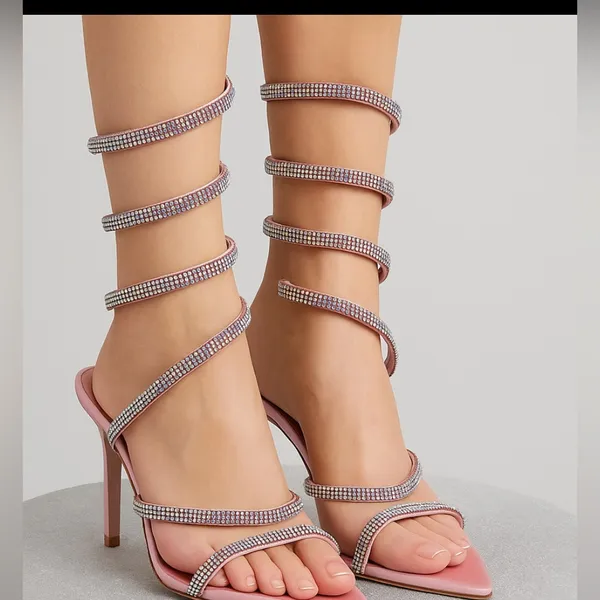 Pink Rhinestone Spiral Heels | women’s Size 8 Satin Pointed Toe Stilettos(B14) - Image 2