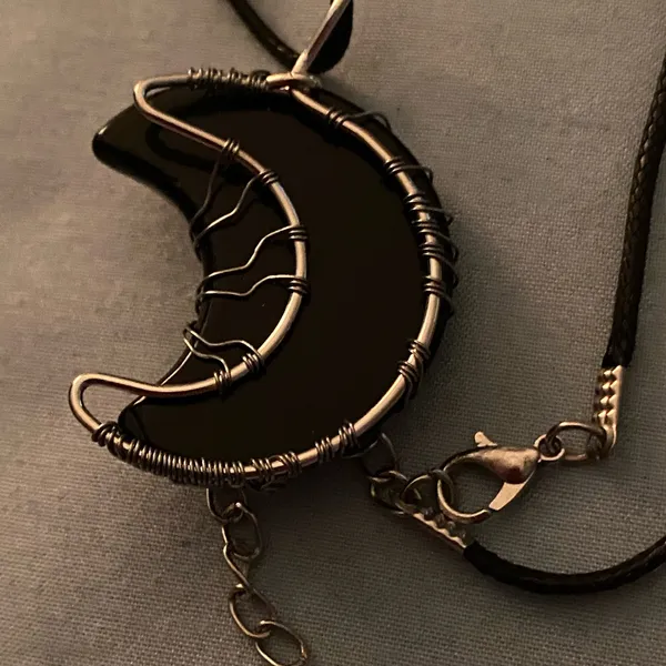 16” Black Cord Necklace Obsidian Black Moon Pemdant Silver Wrap Tree Of Life - Image 5