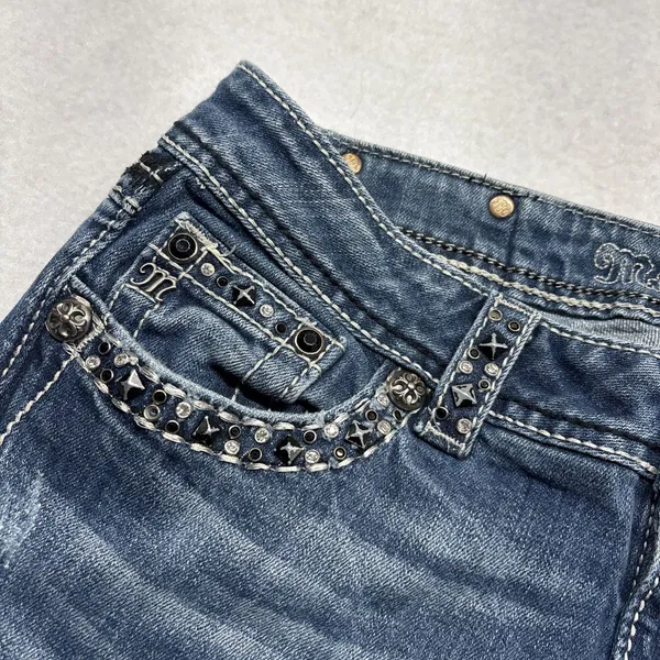 Miss Me Buckle Mid Rise Straight Embellished Flap Denim Blue Jeans 29/28 - Image 3