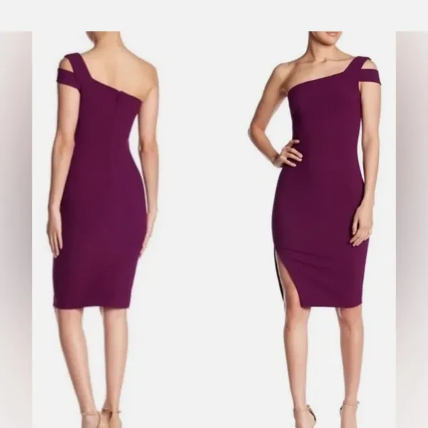 💜 Likely Packard One Shoulder Dress 💃 Plum Purple‎ Bodycon Midi NWT Size 4 ✨ - Image 2