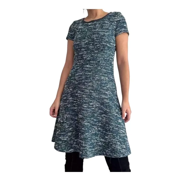 Talbots Tweed Fit & Flare Dress 6 Teal Blue‎ Faux Leather Trim Short Sleeve - Image 2