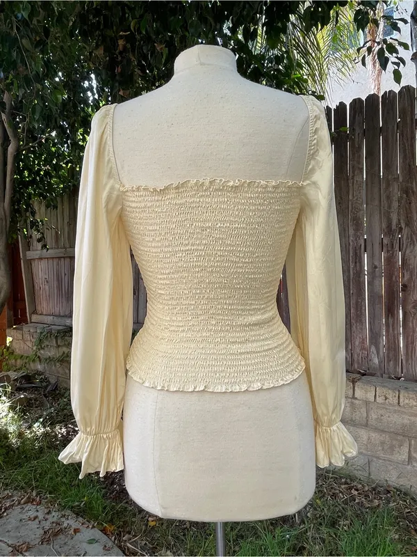 Reformation Chamomile top Smocked Square-Neck Satin puffed Sleeve romantic S - Image 5