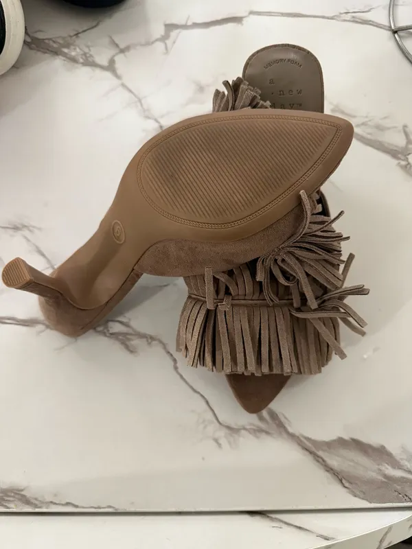 A New Day Women’s Taupe Suede Fringe Pointed Toe Heeled Mules – Boho Memory Foam Slip-On Heels NWT - Image 3
