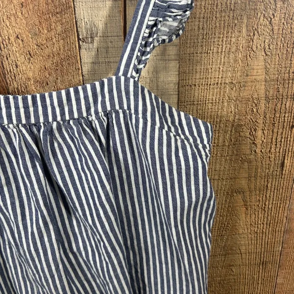 Old Navy Blue White Striped Ruffle Strap Linen Cotton Top Large Coastal Nautical - Image 3