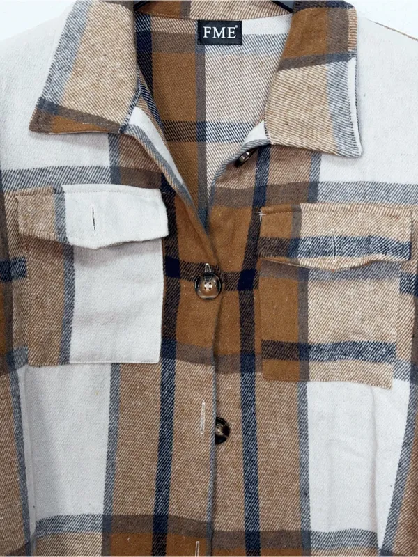 FME Camel Brown Plaid Longline Button Front High Low Shacket Jacket Size M - Image 3