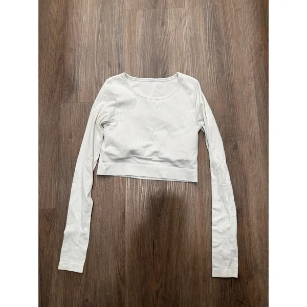 Lululemon Ebb to Street Long Sleeve Crop Top White Ribbed Knit‎ Size 4-6 - Image 2