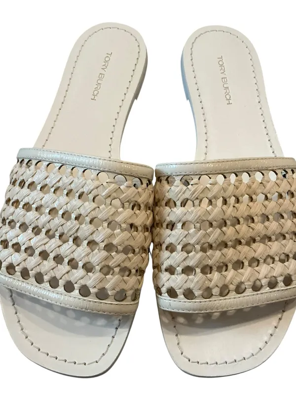 Tory Burch woven Rafia slide sandals beige leather size 6.5 - Image 3