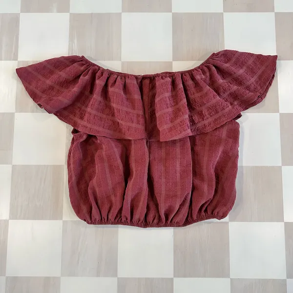 Urban Outfitters maroon grid off the shoulder ruffle coquette top - Image 6
