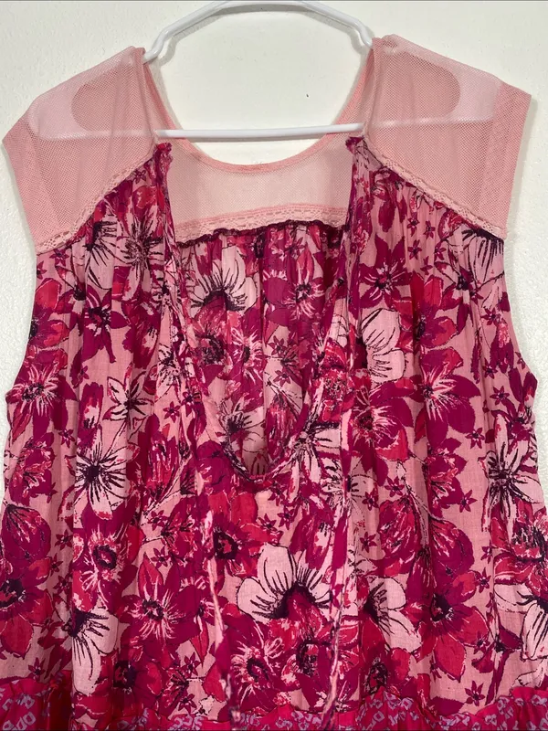 Free People Angelica Printed Tunic Mesh Top Pink Floral Blouse Sleeveless XS/TP - Image 9