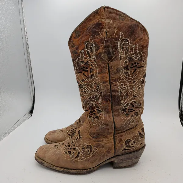 Seven Stars Womens Distressed Leather Cutout Crystal Studded Western Boots 8.5 - Image 2