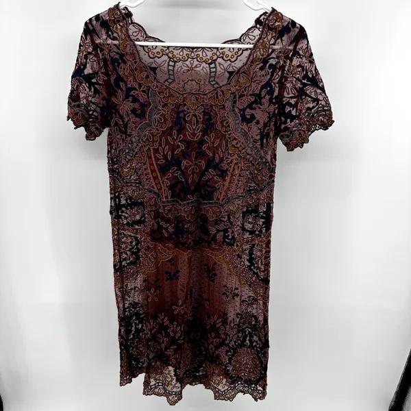 Sundance Dress Lace Sheer Scalloped Cover Up Mini Floral Embroidered Maroon S - Image 4