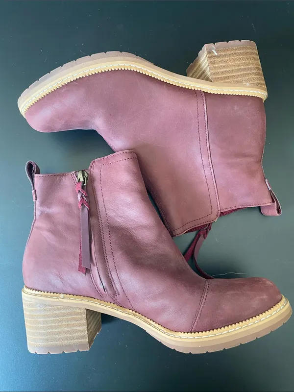 Toms Marina Leather Zip Chunky Heel Ankle Boots Plum Burgundy size 6 - Image 5