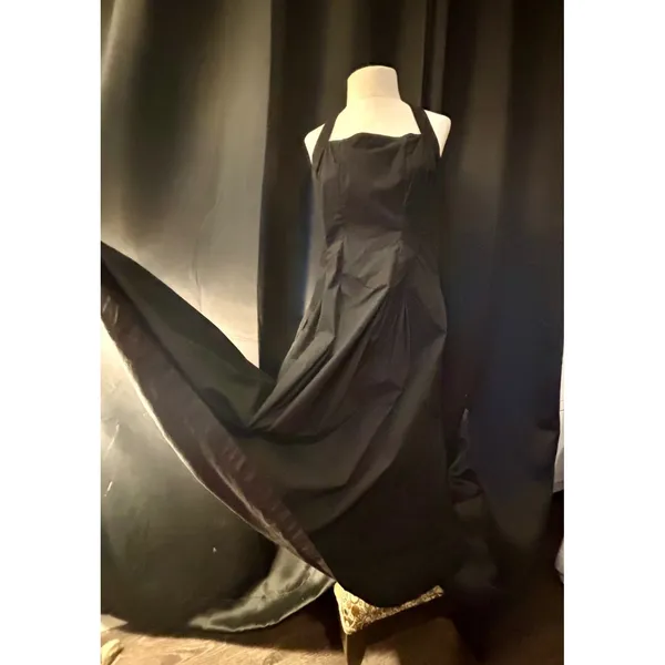 Black Halter Maxi Dress Square Neck Pleated‎ A-Line Gown with Pockets - Image 2