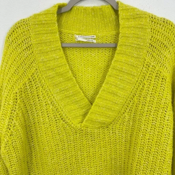 by Anthropologie Sweater Vibrant Neon Yellow Knit V-Neck Long Sleeve‎ Pullover - Image 6