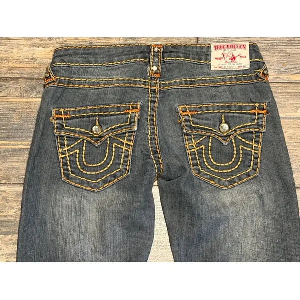 True Religion Joey Super T Straight Leg Jeans Orange‎ Yellow Stitch BLING Y2K 26 - Image 10