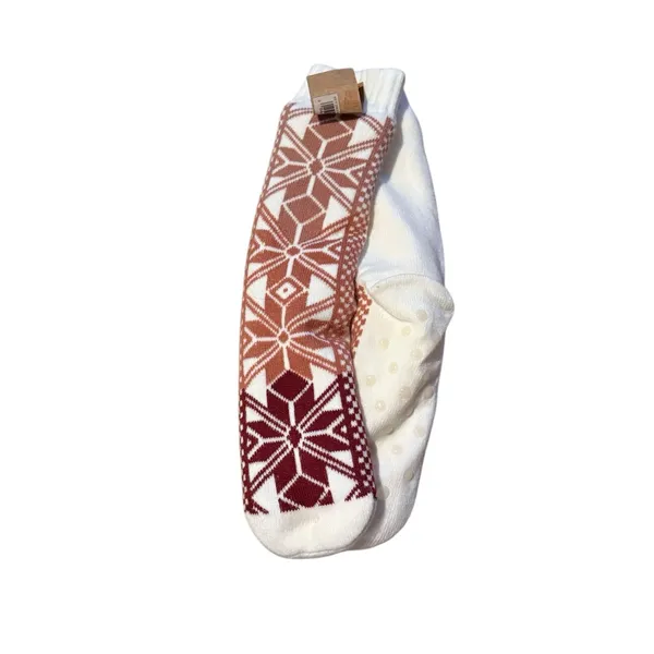Fuzzy Babba 1 Pair of Socks White & Red Snowflake Print Grippy Bottoms‎ NEW - Image 2