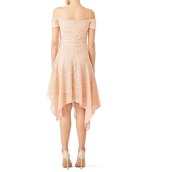 Nicole Miller Sz 2 peach lace crochet handkerchief Off Shoulder Dress Fairy Y2K - Image 3