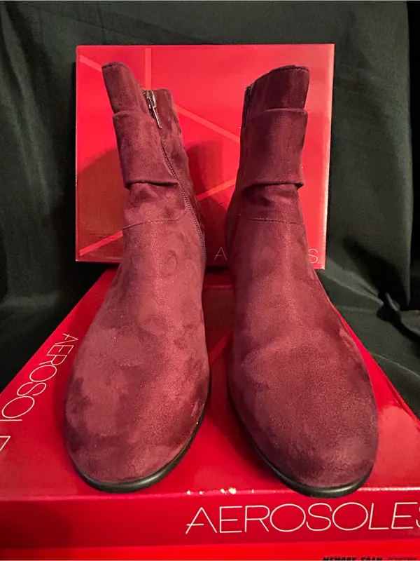 AEROSOLES Women’s Red Light Wine Memory Foam Suede Mid-Heel Ankle Boots 8M - Image 3