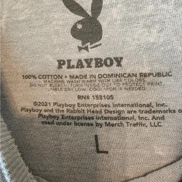Playboy Stonewash Bunny Spell Out Logo Grey T-Shirt Size womens Medium Cotton - Image 4