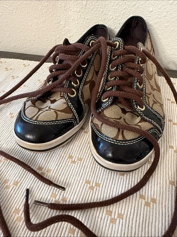Coach Signature C Jacquard Patent Leather Low Top Sneakers Brown Khaki Size 7 - Image 11