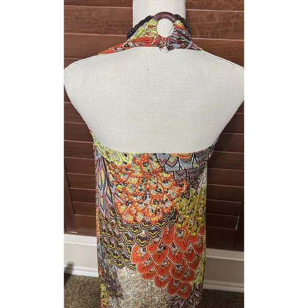 Colorful maxi dress‎ long stretchy sleeveless halter beaded neckline boho sz M - Image 4