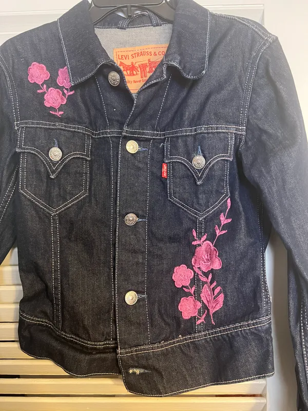 CH 8 Dark Denim Pink Embroidery Jean Jacket - Image 3