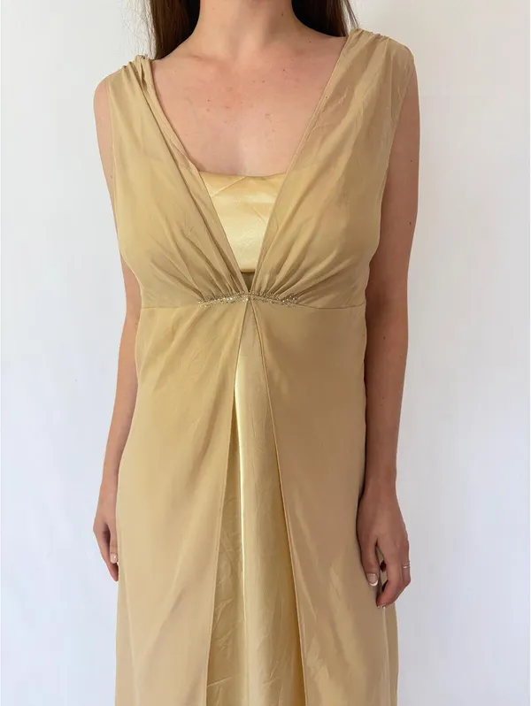 Nude Cream Shimmery Embellished Mesh Overlay Vintage Princess Dress - Image 4