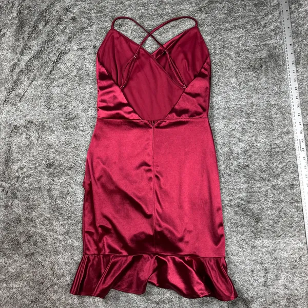 Lulus Romantic Nights Burgundy Satin Ruffled Bodycon Mini Dress Women's Small - Image 8