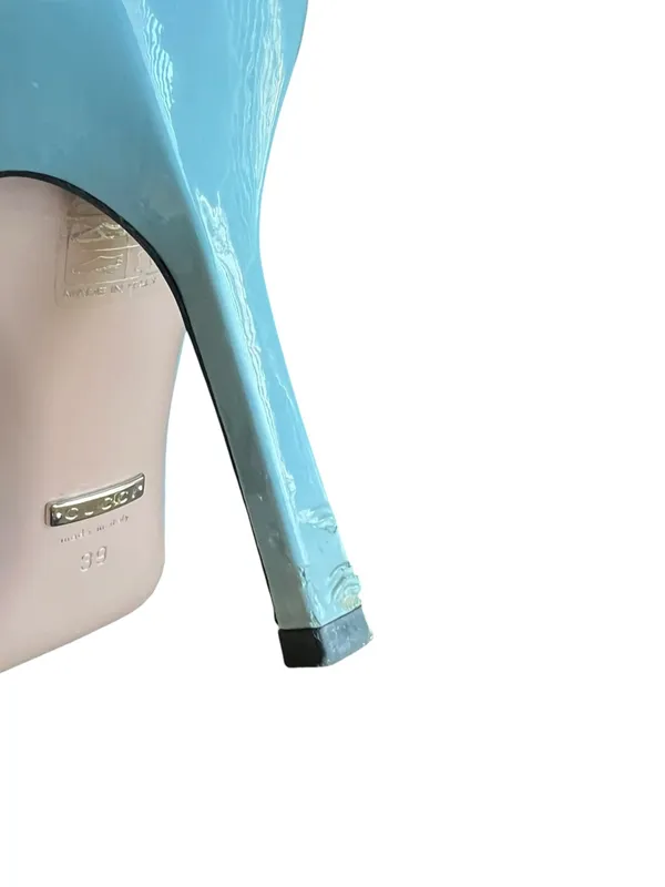 Gucci Women’s Silver Horsebit Light Blue Patent Leather Peep Toe Heels Size 39 - Image 9