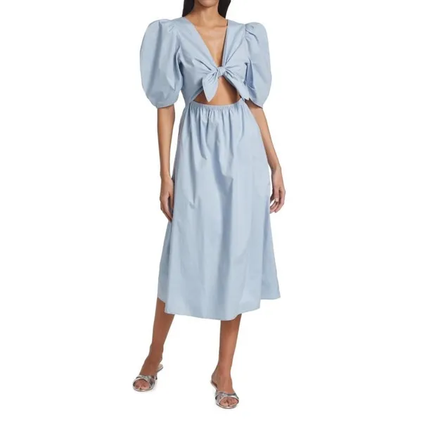 WAYF Peggy Twist Cut Out Short Puff Sleeve Midi Dress Blue Wedding Summer Cute 8 - Image 2